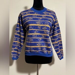 EUC Credentials Vintage Blue and Yellow Graphic Sweater size large (14-16)